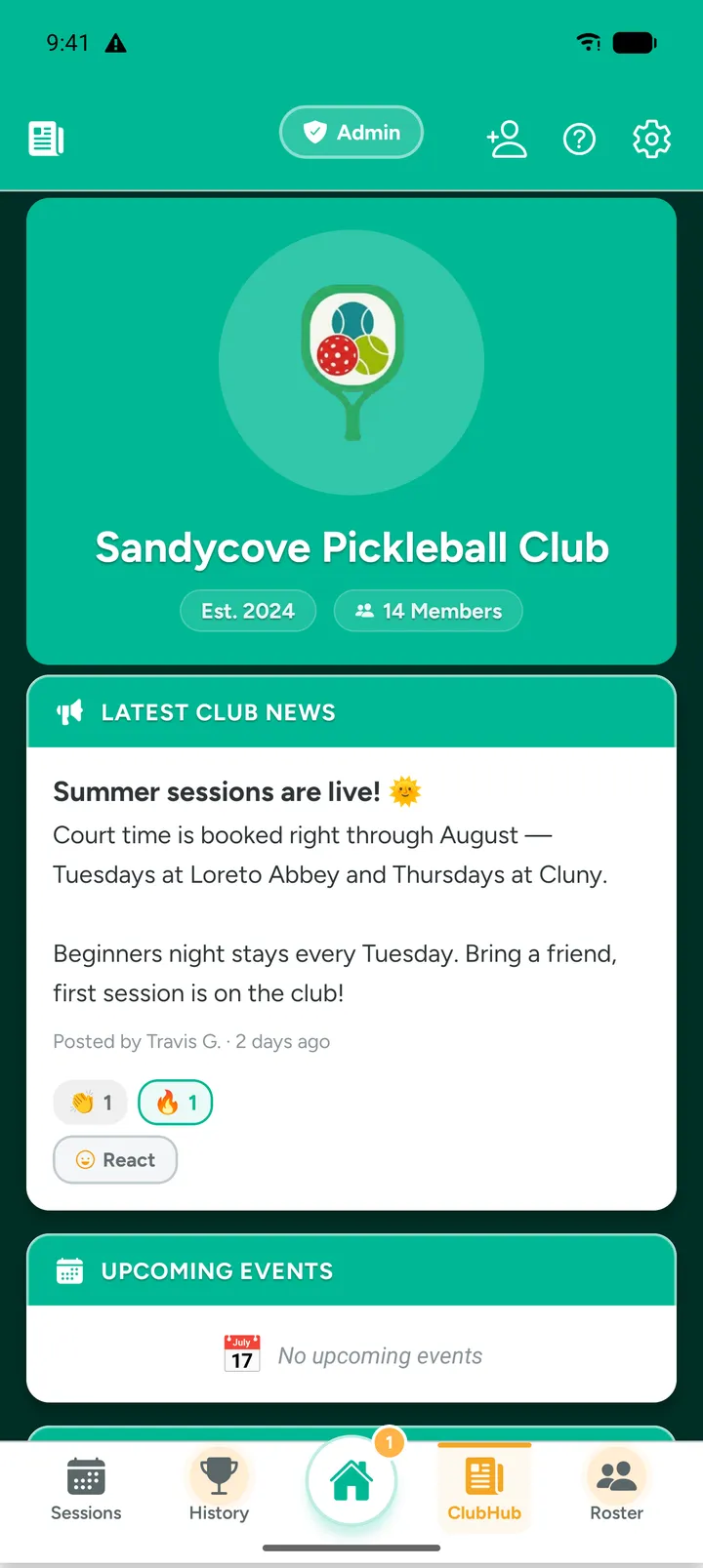 The Club Hub tab in ClubPad, showing club news and upcoming events