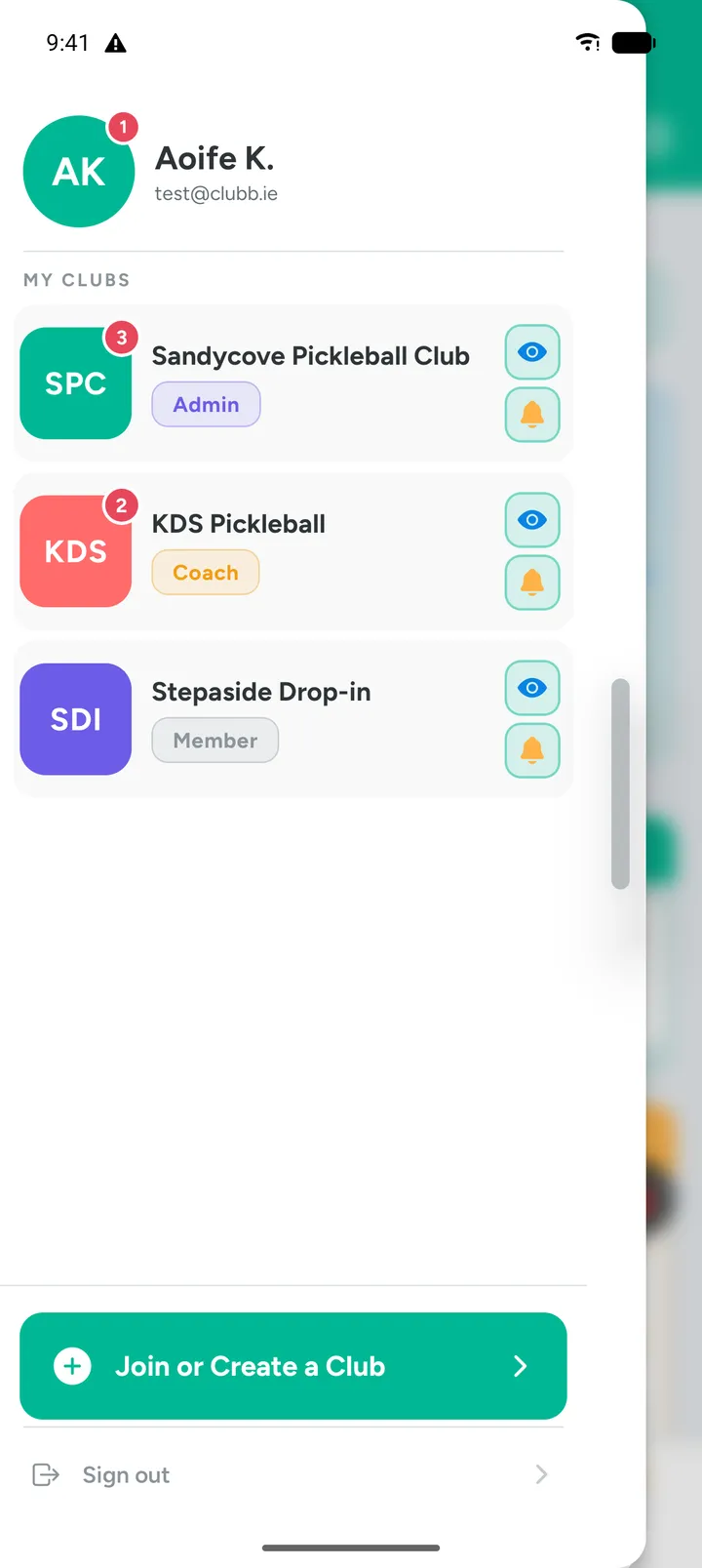 The club switcher in ClubPad showing one profile with three clubs
