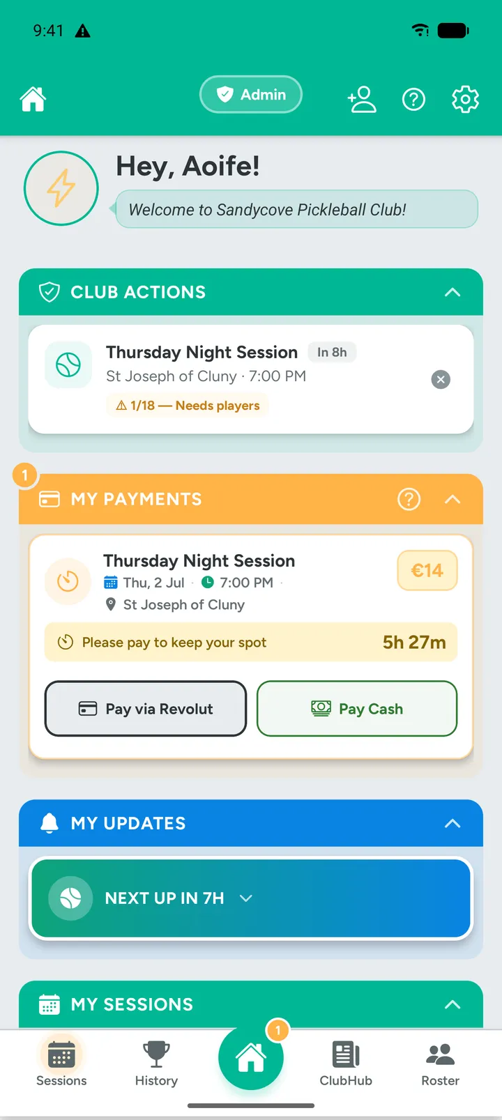 A member’s home screen with a payment due, a countdown and Pay via Revolut and Pay Cash buttons