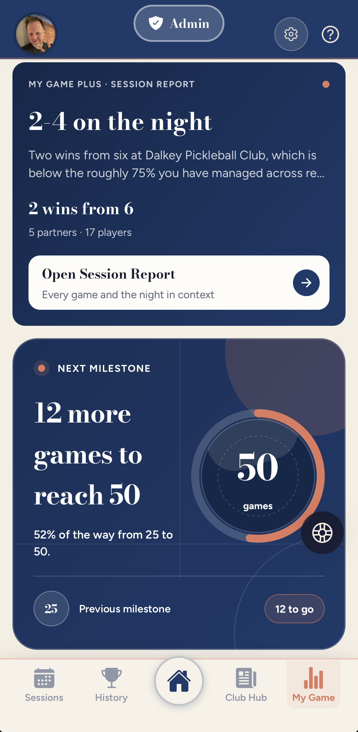 A My Game Plus session report card
